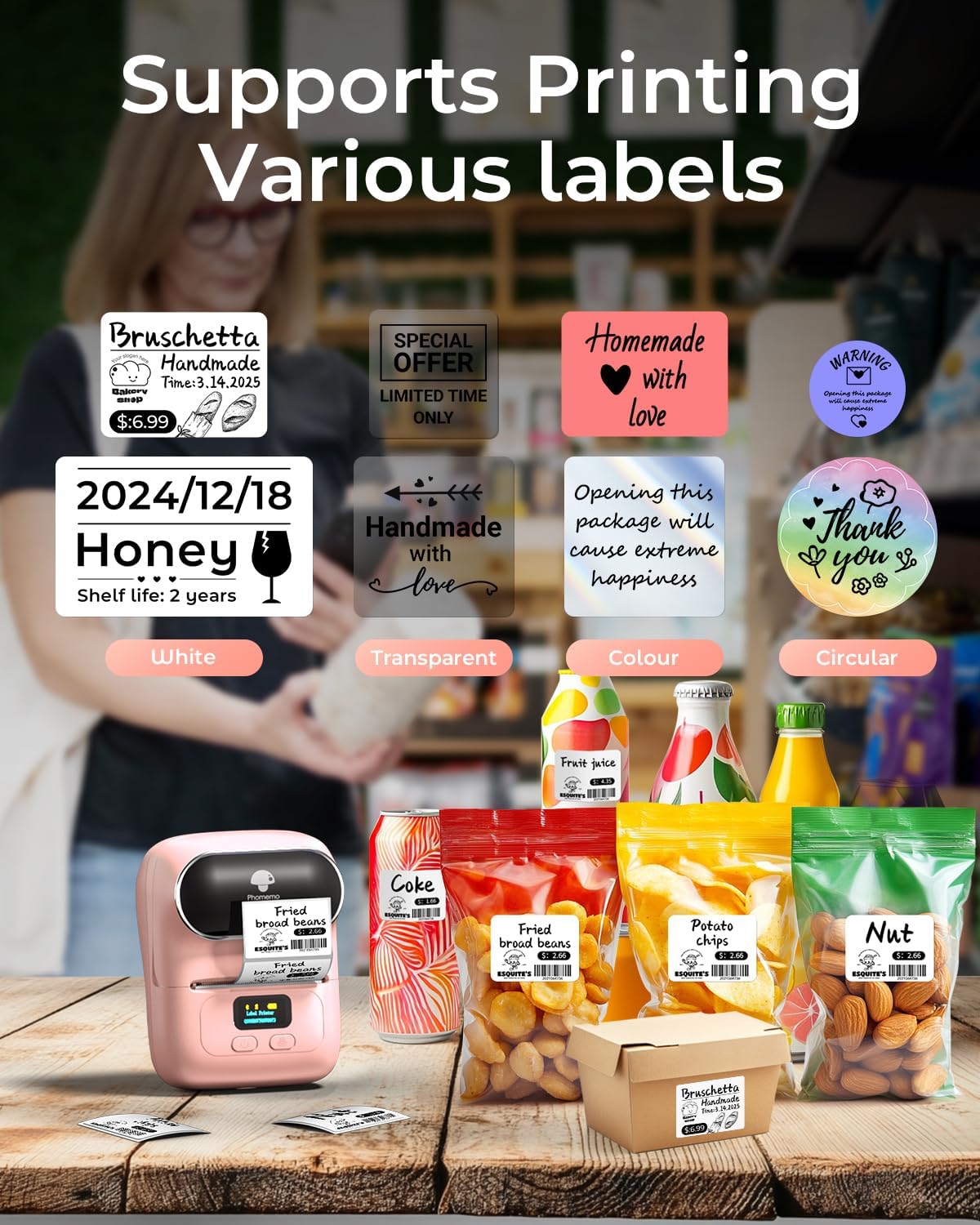 Phomemo Label Printer - M110 Thermal Label Printer Barcode Label Maker Mini Bluetooth Sticker Printer for Small Business, Home, Office, Logo, Address, Name Tag, Clothing, Organizing, Pink