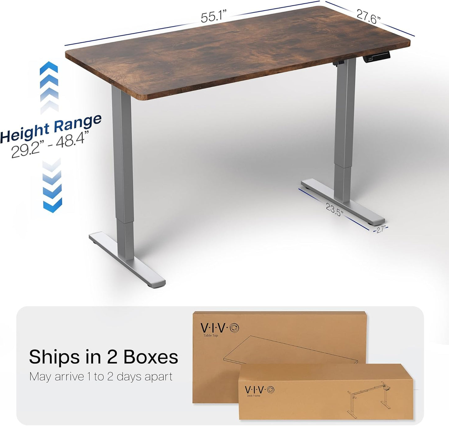 VIVO Electric 55 x 28 in Standing Desk, Memory Height Adjustment, 1B Series, One-Piece Rustic Vintage Brown Top, Gray Frame, DESK-KIT-1G55N