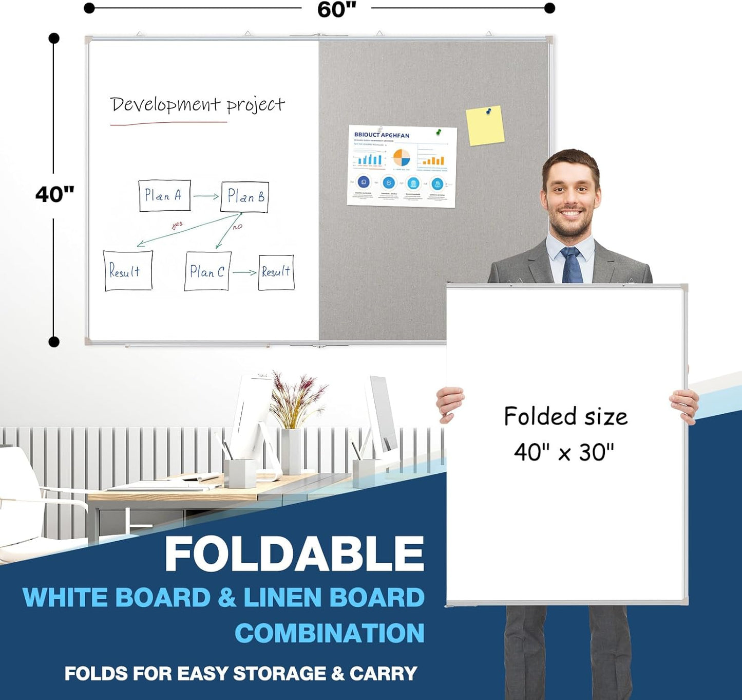 Large White Board Dry Erase Foldable Bulletin Board Combo, 60" x 40" Double Sided Dry Erase Board for Wall, Magnetic Whiteboard Bulletin Board with Linen for Office, Home, School, Kitchen -Gray