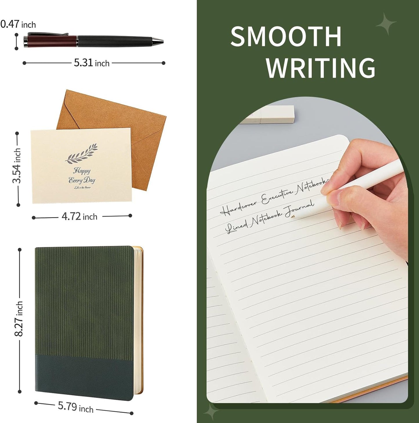 TSFPapier A5 Lined Notebook with Pen & Gift Box 216 Pages PU Leather Journal for Women Men 100GSM Thick Paper College Ruled Notebook for School,Travel,Business,Work,Home Writing (A5 Lined 216pages, Dark Green - Gift Box Set)