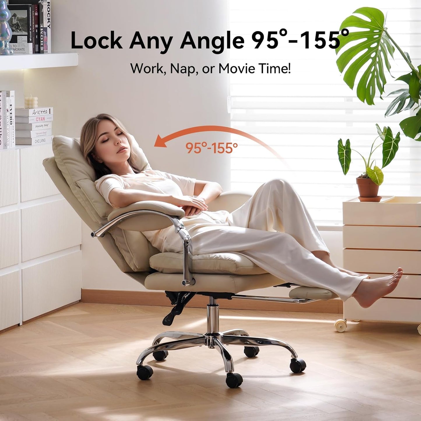 LEAGOO Office Chair with Foot Rest, Ergonomic Executive Office Chair with Arms, Reclining High Back PU Leather Comfy Swivel Computer Desk Chairs with Wheels and Lumbar Support for Home Office, Cream