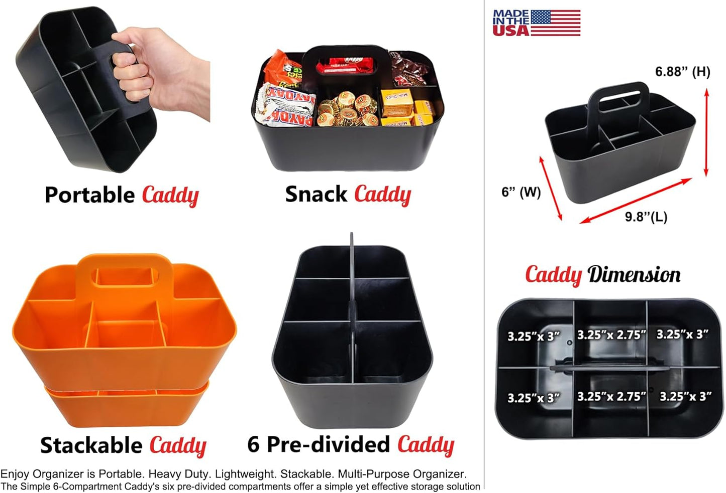 Small Stackable Plastic Caddy with Handle 6 Compartment | Desk, Makeup, Dorm Caddy, Classroom Art Organizers - 4 Pack, Made In USA (Orange)