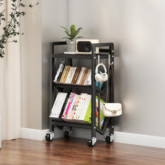 Bookshelf Movable Book Cart Multi-Layer Storage Rack Large-Capacity Rolling Cart L-Shaped Carbon Steel Shelf Suitable for Storing Books, Magazines, Newspapers, Shoes