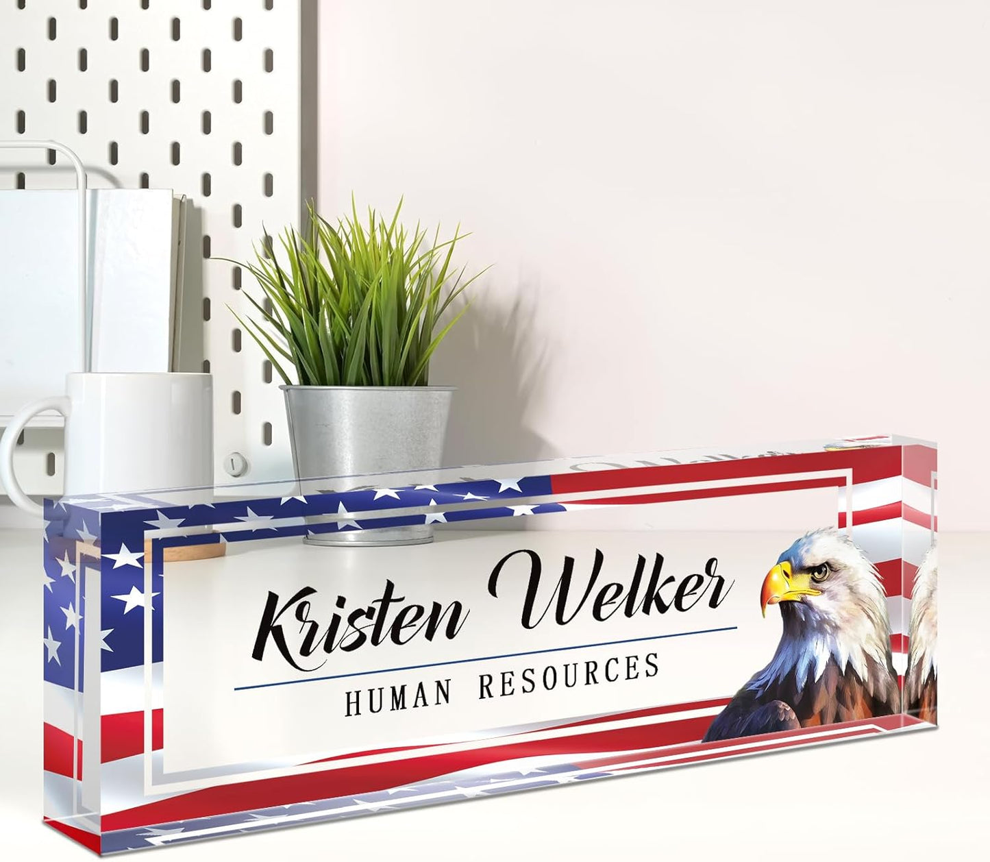 Name Plate for Desk, Desk Name Plate Personalized, Office Decor for Women Men, Acrylic Desktop Accessories, Office Appreciation Gifts for Boss Social Workers Teacher Employee Nurse (Flag B)