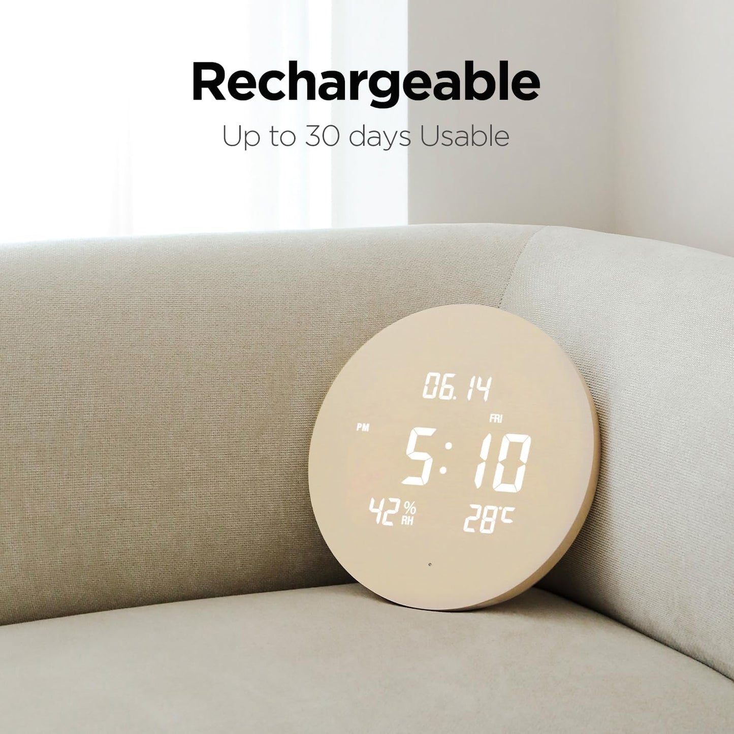 mooas Wood Moon Cordless Digital LED Wall Clock, Time Week Temperature & Humidity, Sound Sensor-Auto Brightness, Modern Décorative LED Clock for Bedroom Livingroom, Wireless Wall Mount/Wooden Stand