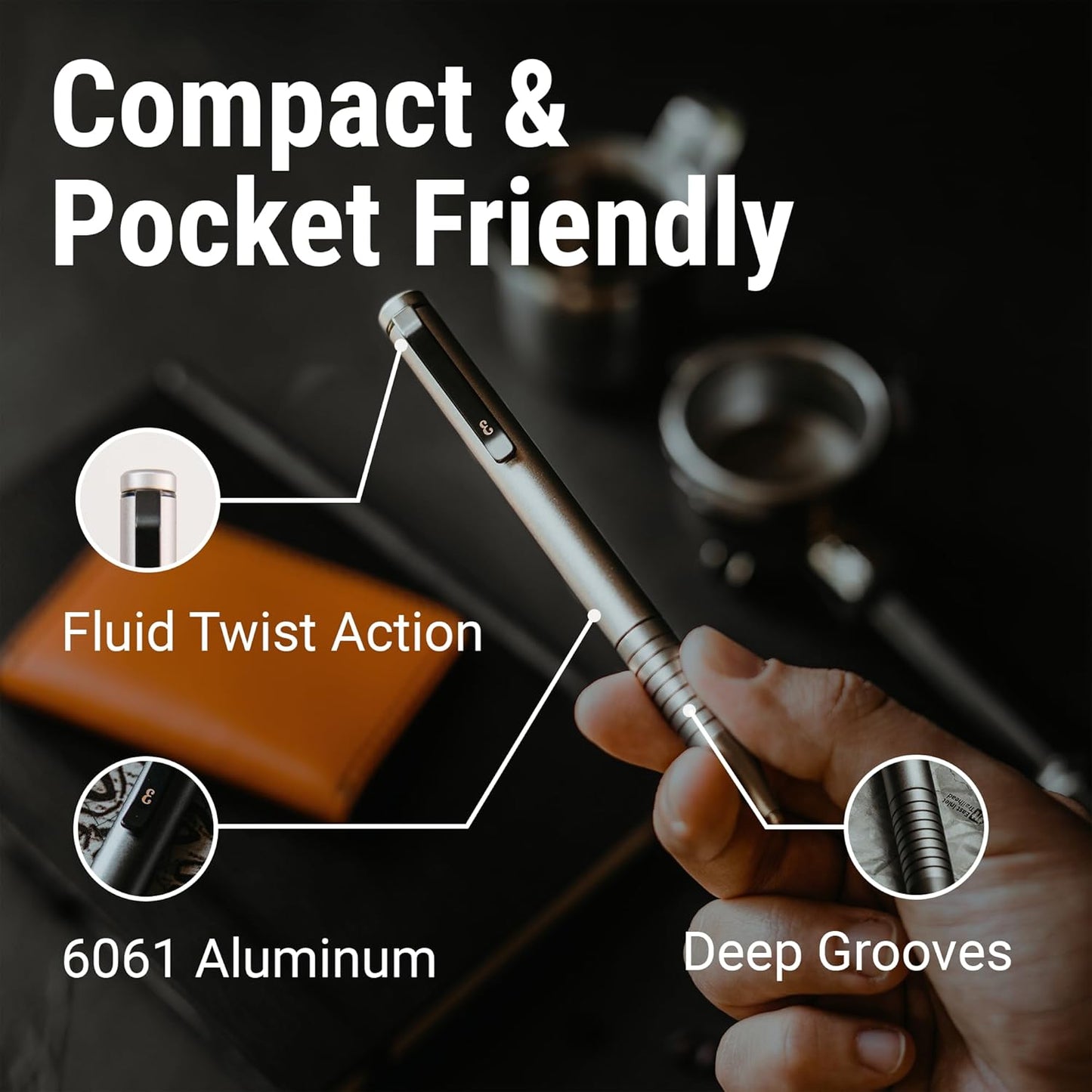 Everyman Grafton Mini Twist Refillable 0.7mm Ball Point Pen Gunmetal | Sleek Anodized Aluminum Pocket Pen with Grooved Grip | Smooth Writing EDC Ink Pen for Office, Travel, Work & Gifting