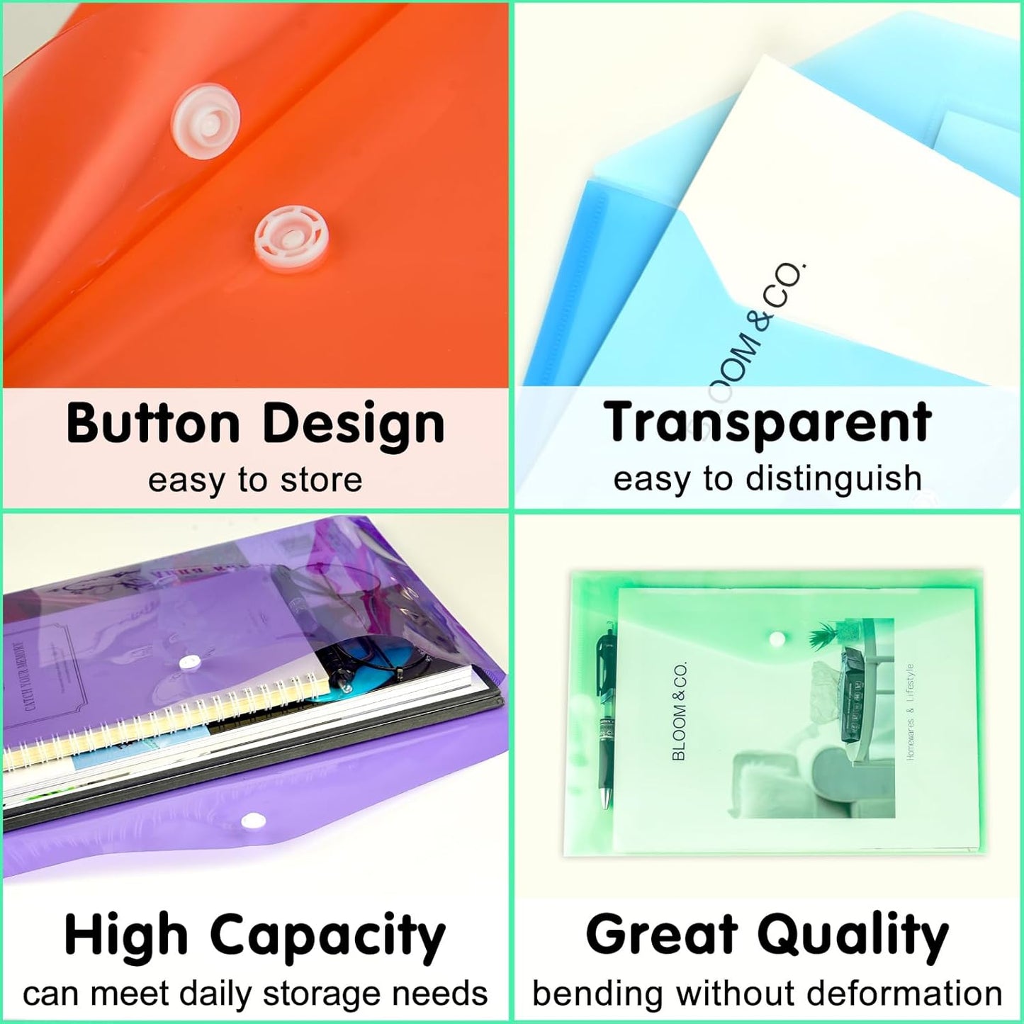 NACHLYNN 108 Pack Plastic Envelopes Poly Envelopes with Snap Closure A4 Size Clear Document File Folders Organizers Assorted Color File for School Office Supplies