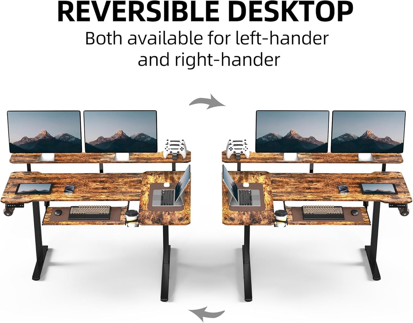 59 Inch L Shaped Standing Desk with Shelves and Keyboard, Electric Corner Standing Desk Adjustable Height, Sit Stand Computer Table with Reversiable Splice Board，Rustic Brown