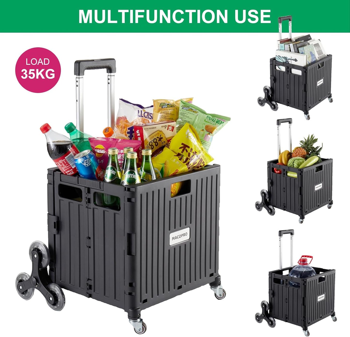 Foldable Utility Cart with Stair Climbing Wheels, Collapsible Rolling Crate with Telescoping Handle, Folding Shopping Trolley Handcart Grocery Book File Tool Teacher Storage Basket (Black)