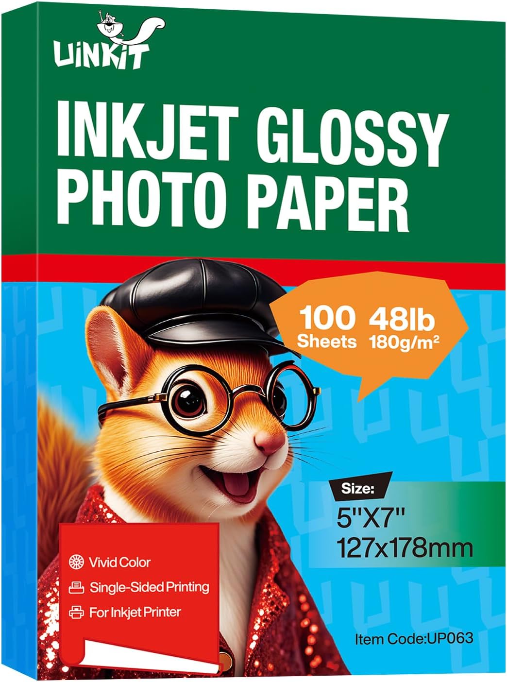 Uinkit Premium Glossy Inkjet Photo Paper - 5x7 Inch, 48lb 180gsm, 100 Sheets - Professional Photographic Quality, Dye Ink Compatible, High-Gloss Finish for Stunning Portraits & Art Prints