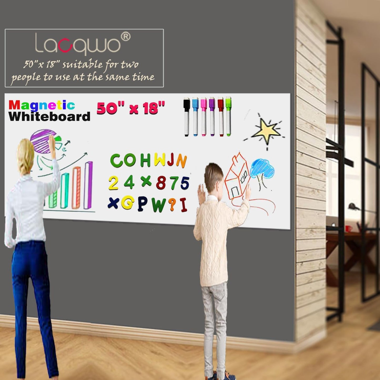 Magnetic Dry Erase Whiteboard Paper for Wall 50" x 18" Self Adhesive White Board Sticker with 12 Magnet Marker and Magnetic Eraser for Kids Office Home Whiteboard Wallpaper Peel and Stick