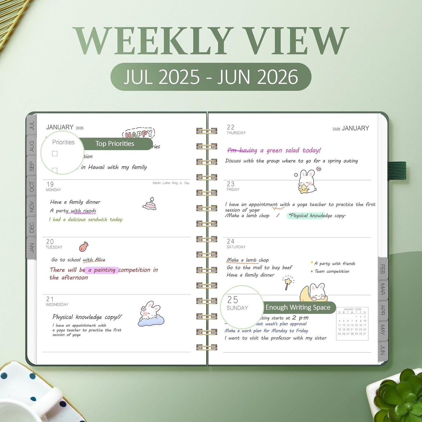 Planner 2025-2026 Weekly and Monthly, July 2025 - June 2026, Hardcover Spiral Bound with Tabs, Inner Pocket, A5 (6.3"x8.5") - Ideal for Teachers, Students & Professionals, Green