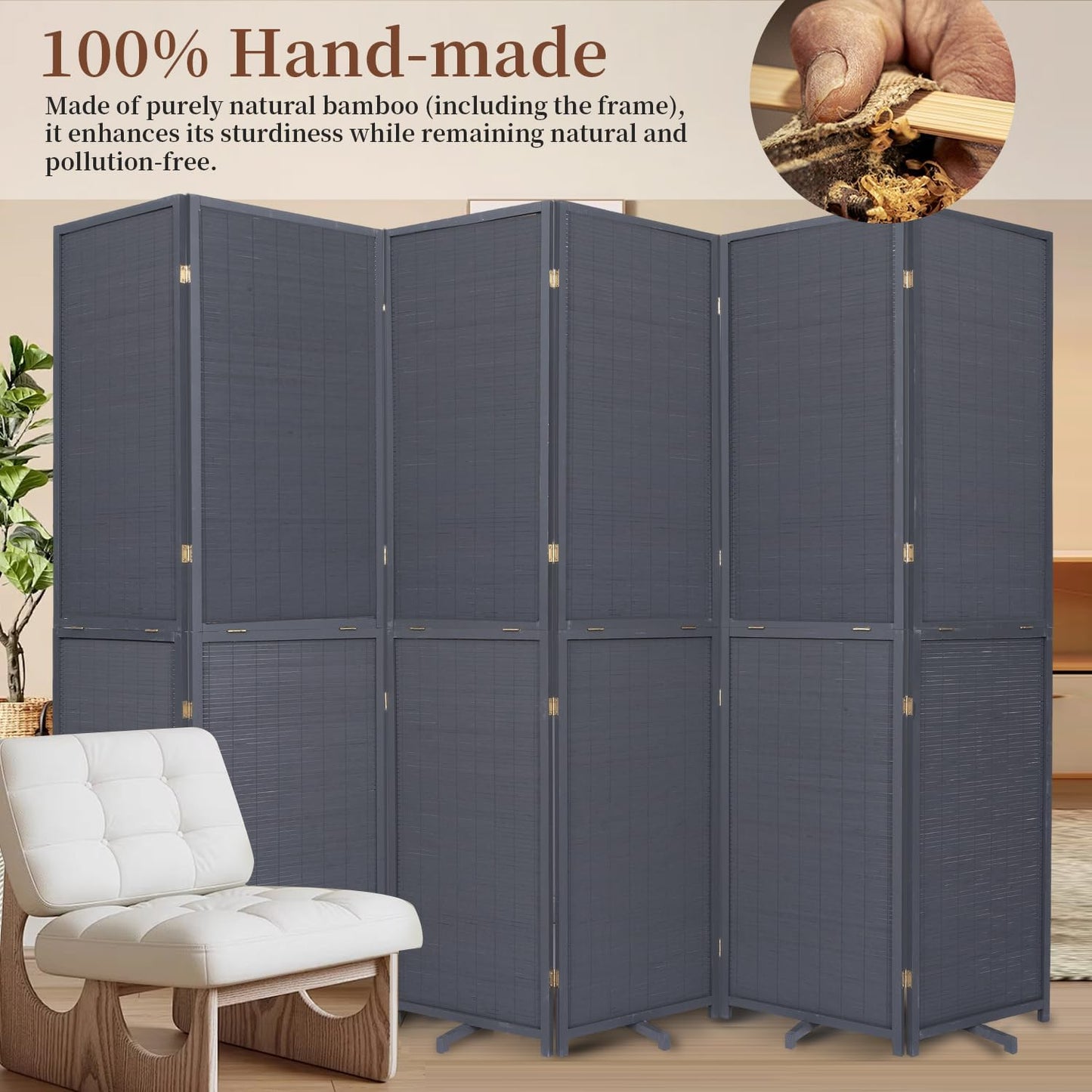Bamboo Room Divider 6 Panel Wall Divider, 106'' W x 67'' H Folding Design with Extra Stable Base, 100% Bamboo Room Divider Screen for Room Separation, Chinese Room Partitions and Dividers Freestanding