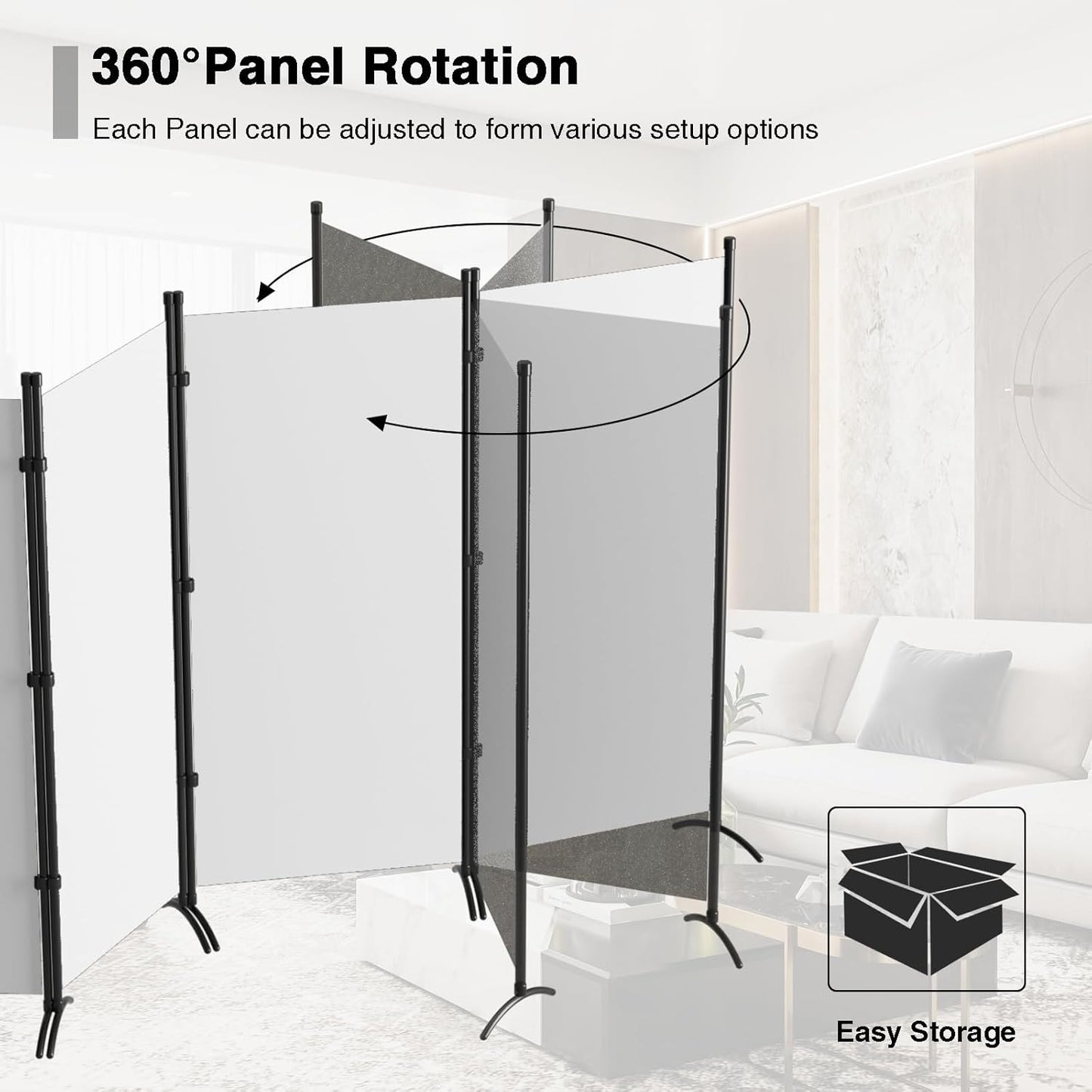 Room Divider 6-Panel Privacy Screen, Portable Screen Steel Frame with Hook&Loop for Home, Office, Classroom, Studio, Meeting (White)