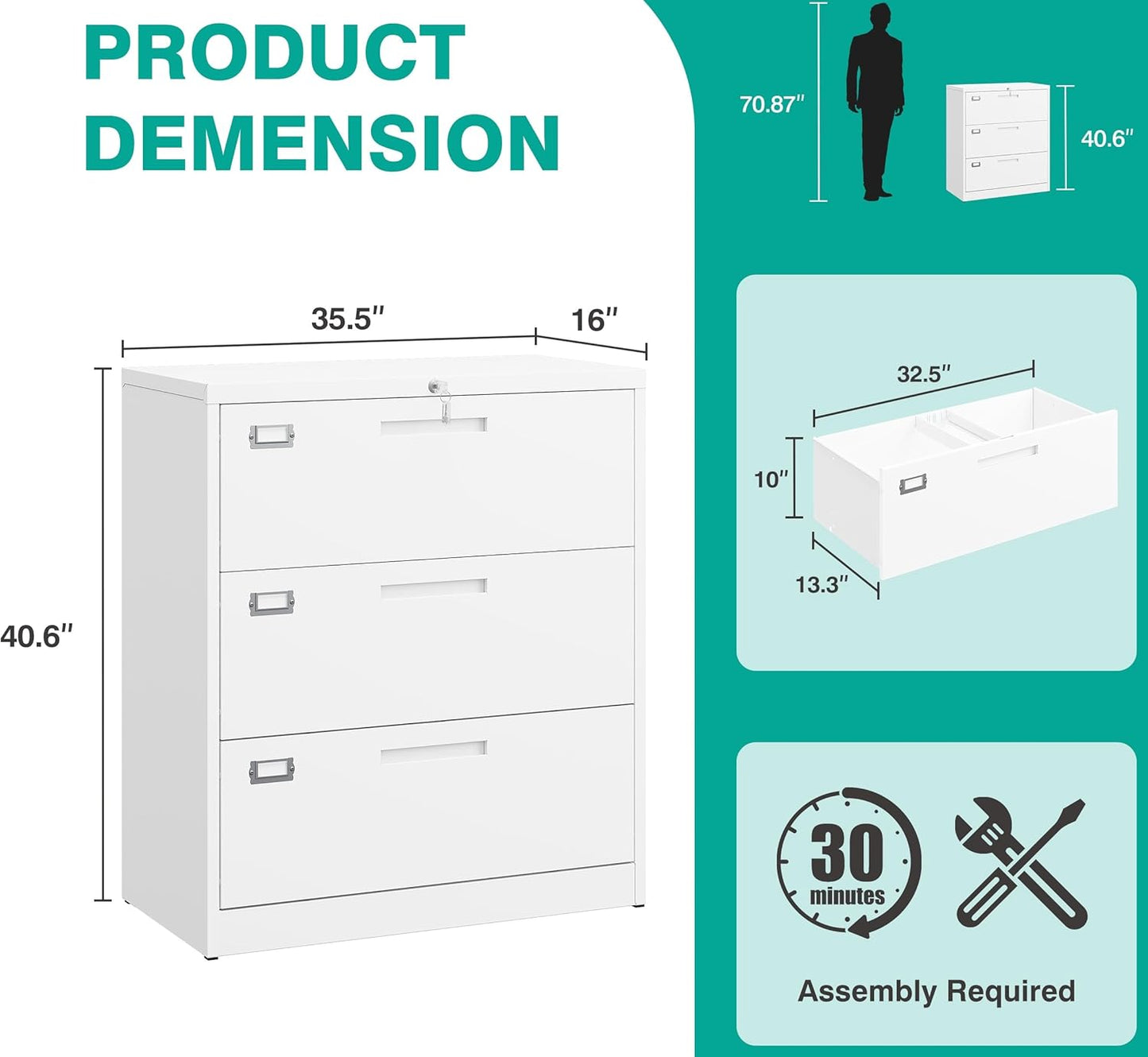 SISESOL 3 Drawer Lateral File Cabinet with Lock,White Lateral Filing Cabinet,Horizontal Metal Filing Cabinets,Locked Wide Three Drawer File Cabinets for Office Home,Fit A4/F4/Letter/Legal File