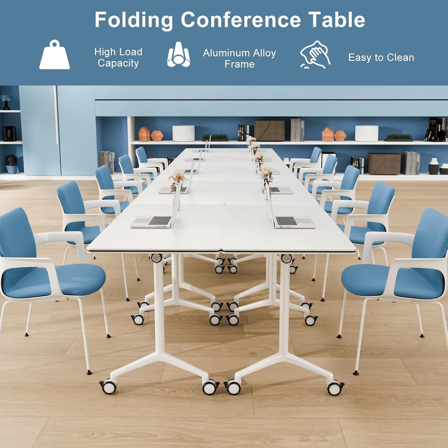 4Pack Folding Conference Room Table, Modern Conference Tables with Silent Wheels, Large Rectangular Mobile Training Tables for Office Classroom, Foldable Modular Seminar Table White (L63in)