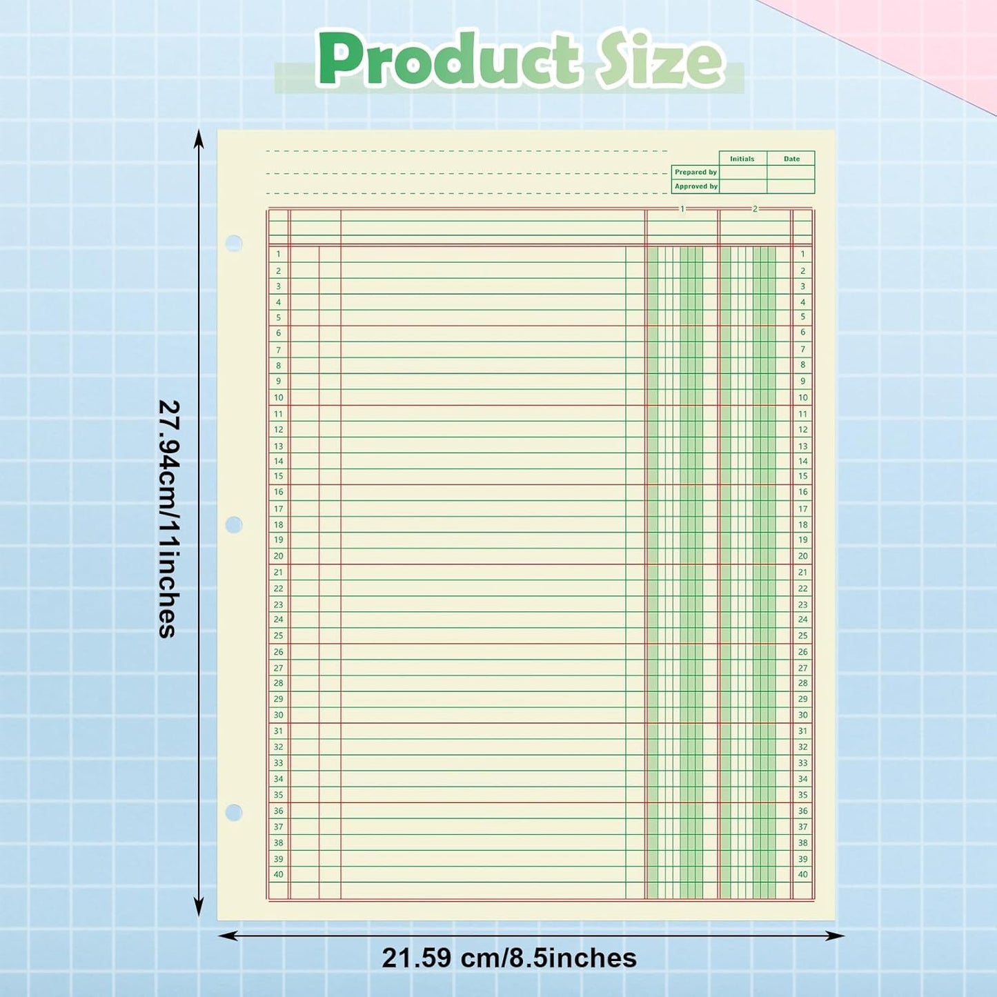 Fulmoon 5 Pack 250 Sheets Ledger Paper Accounting Columnar Pads 3 Hole Analysis Accounting Ledger Book for Business, 50 Sheets/Pack, Single Page Format, Green(8.5 x 11 Inch,2 Columnar)