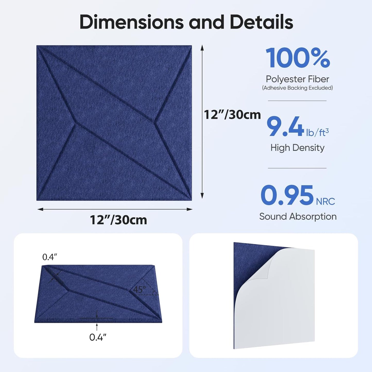 12 Pack 12" X 12" X 0.4" Acoustic Panels for Wall Sound Absorbing, P-Stripes Square Self-Adhesive Sound Panels, High Density Suitable for Multiple Scenarios(Sapphire Blue)