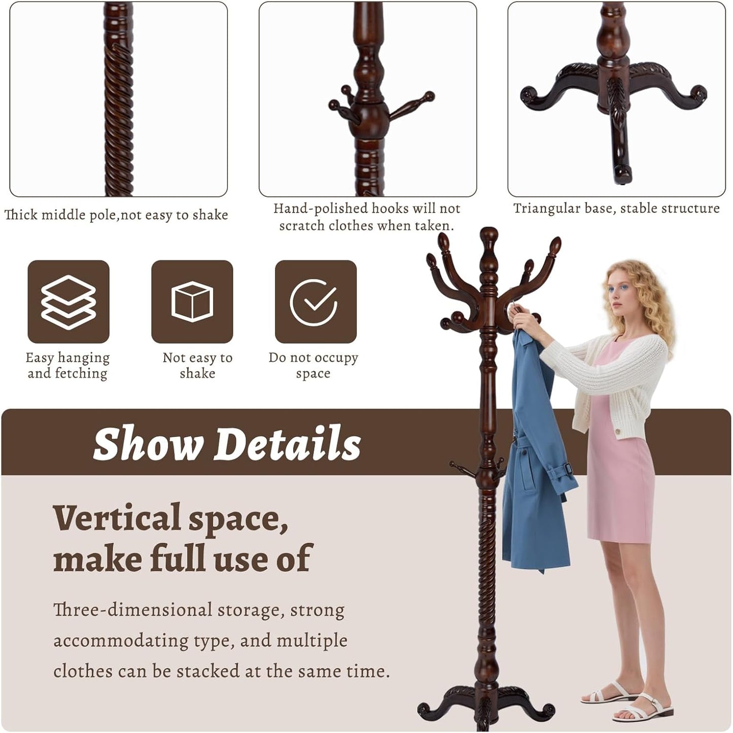 Wooden Coat Rack Freestanding with Resin Hooks, Adjustable Heavy Duty Stand for Hanging Coats, Bags, Hats, and Umbrellas in Living Room, Bedroom, Entryway (Tripod-Antique Color)
