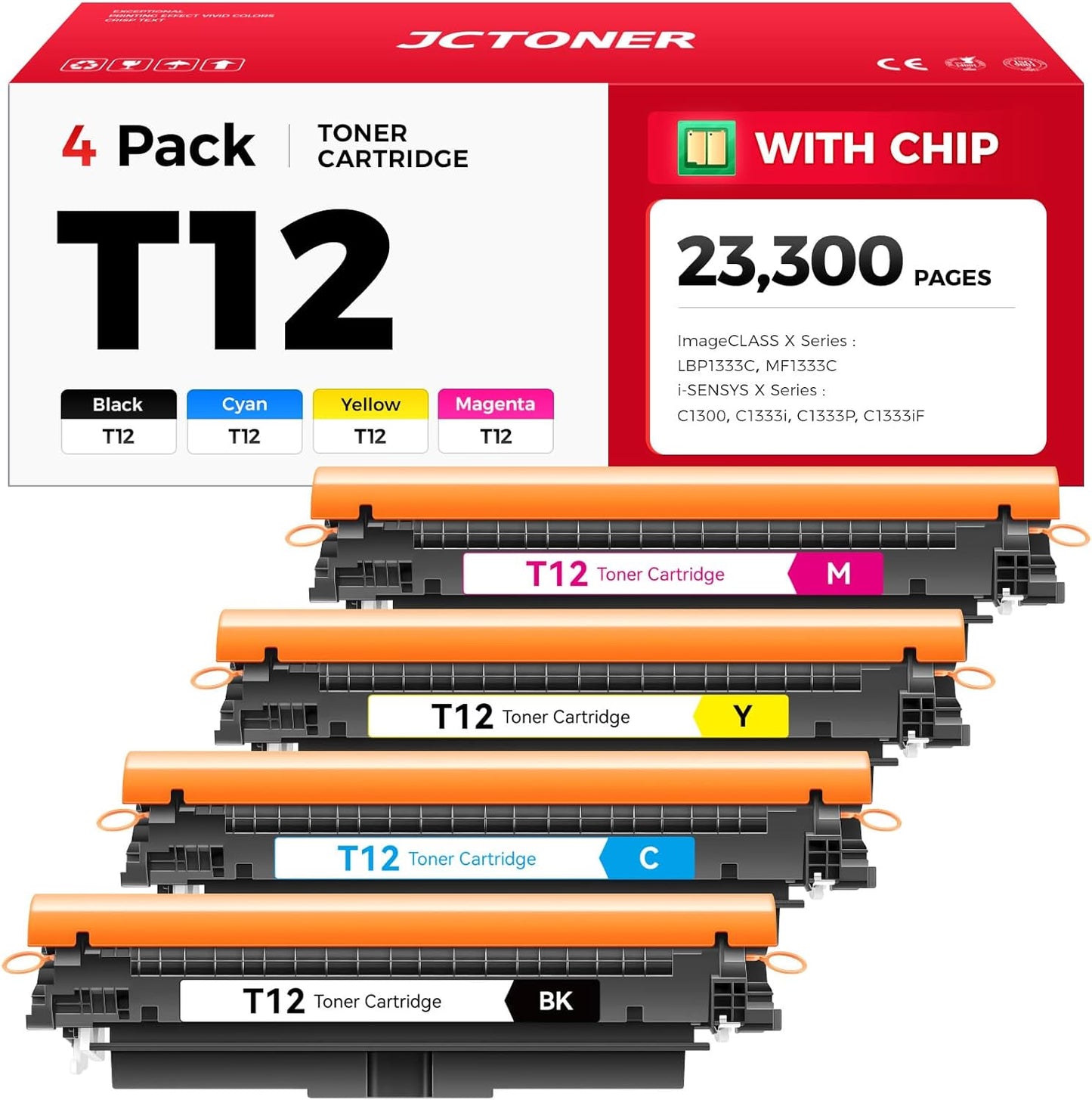 T12 T12L Toner Cartridge Set 4-Pack with chip High Yield Replacement for Canon T12 T12BK T12C T12Y T12M Compatible with Canon ImageCLASS LBP1333C MF1333C i-SENSYS X C1300 C1333i C1333P C1333iF Printer