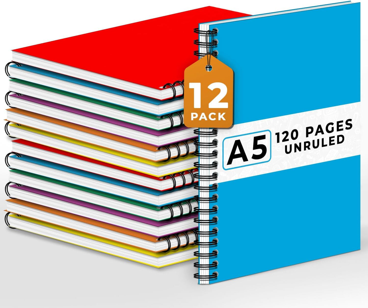 Blank Spiral Notebook, 12 Pack, 5.8 x 8.3, 120 Pages (60 Sheets), 100 GSM Unlined Drawing Notebooks, Assorted A5 Journals, No-Bleed, Sketching, Note Taking, Blank Journals for Office & School