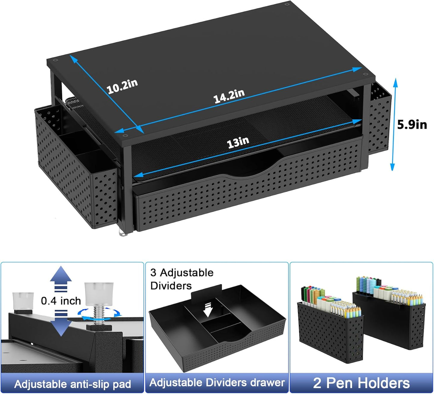 Desk Organizer and Accessories, Computer Monitor Stand Riser with Drawer and 2 Pen Holders, Office Desk Accessories & Workspace Organizers for Office Supplies (Black)