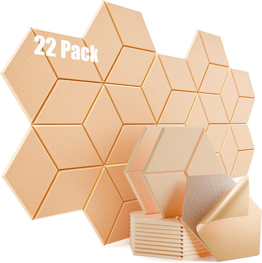 22 Pack Self-adhesive Acoustic Panels 12" X 10" X 0.4" - Sound Proof Foam Panels with High Density, Y-Lined Design, Flame Resistant, Absorb Noise and Eliminate Echoes(Light Apricot)