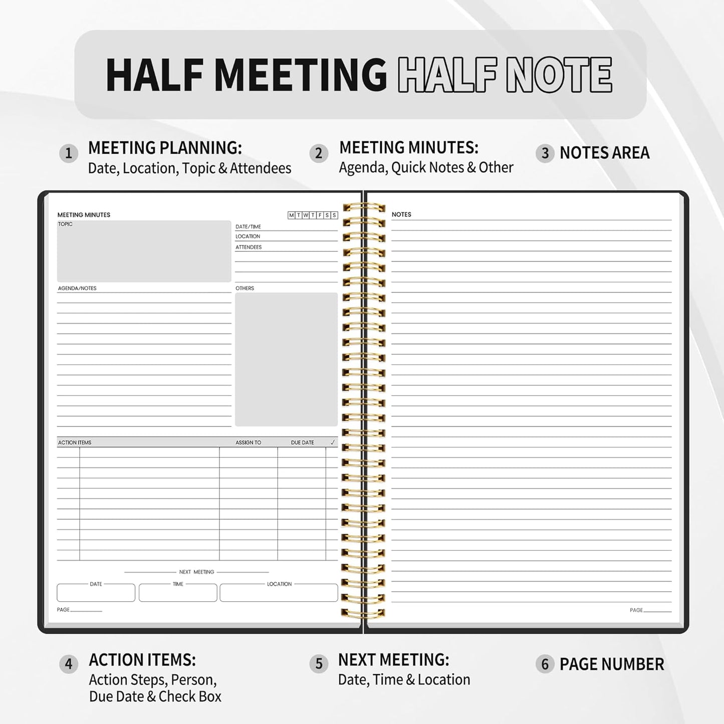 SUNEE Half Meeting Half Note - 7.5"x10" Professional Notebooks for Work - 160 Pages, B5 Size Project Planner, Spiral Meeting Agenda/Minutes Organizer for Women Men, Note Taking, Office & Business