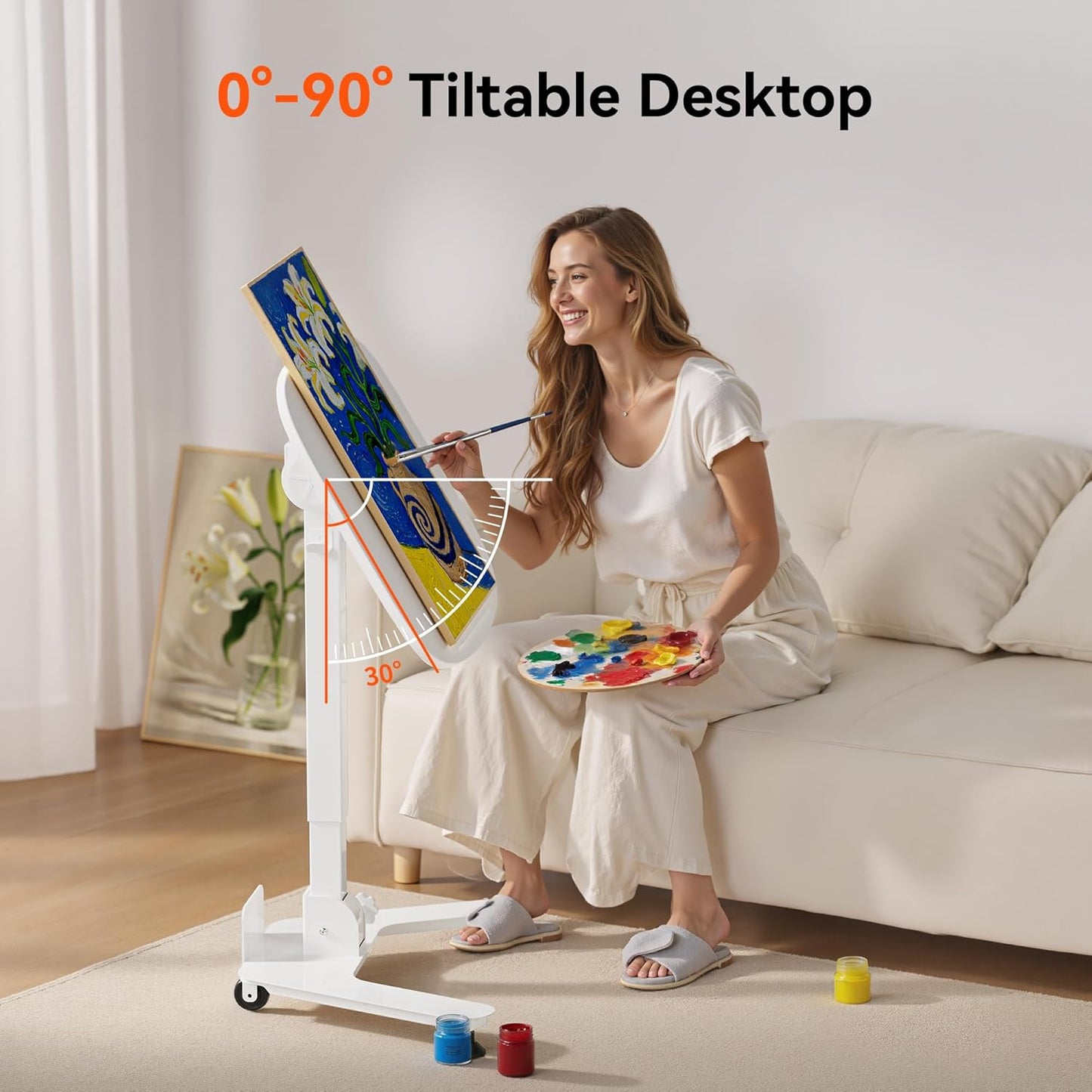 Foldable Pneumatic Height Adjustable Mobile Standing Desk with 90° Tiltable Tabletop, 27.2x18.9 Inch Portable Laptop Desk with Wheels, Holds Up to 66.1lbs for Home Office, Study, White