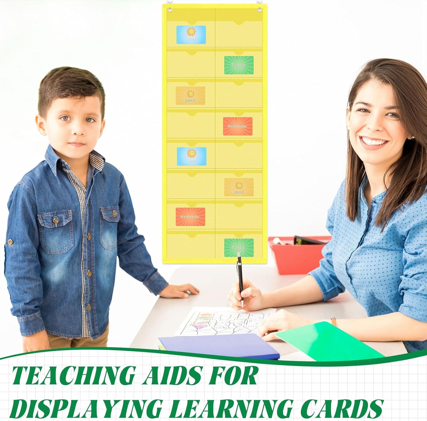 4 Pack 3'' x 5'' Index Card Holder Sleeve 16 Slot Plastic Organizer Hanging Wall Mount Business Note Cardholder PVC Clear Organizer Pocket for Classroom Office Library Home (Multicolored)