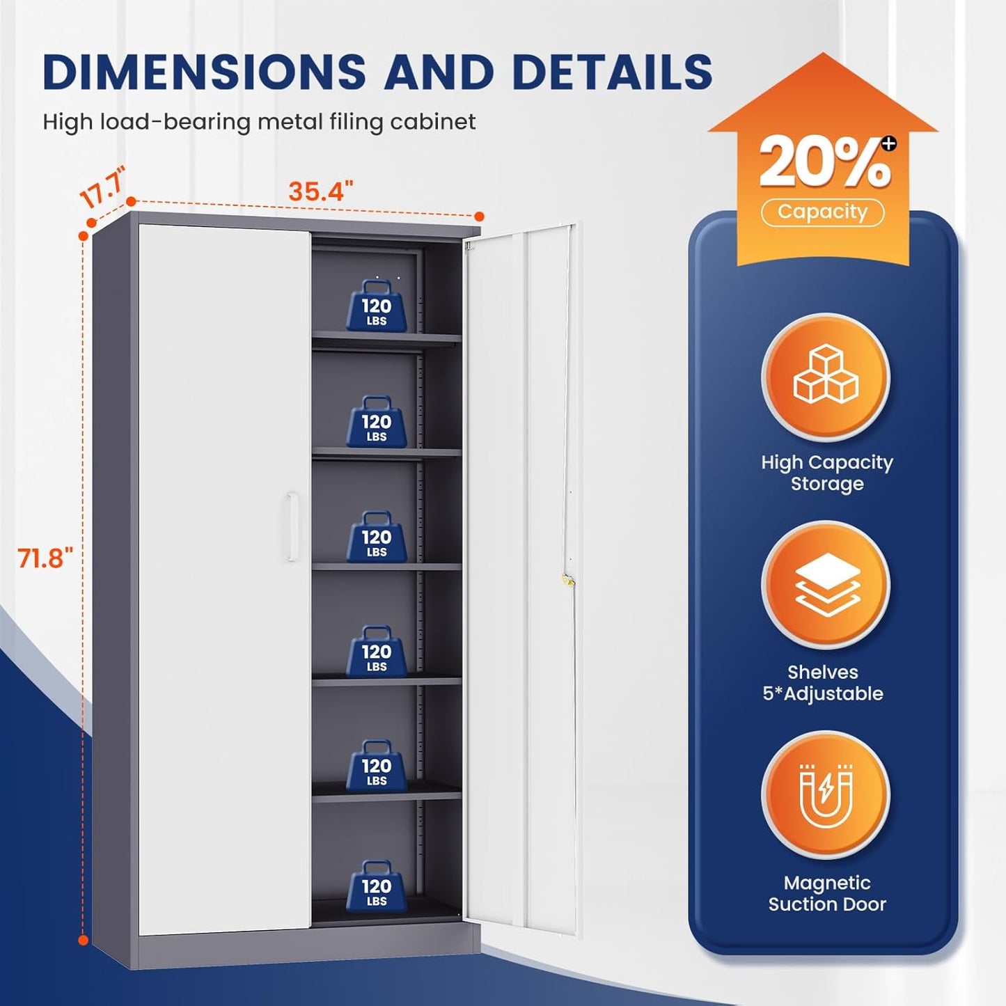 Yizosh Metal Storage Cabinet with 2 Locking Doors and 5 Adjustable Shelves, 72" Garage Storage Cabinet Steel Lockable for Office,Home,Garage