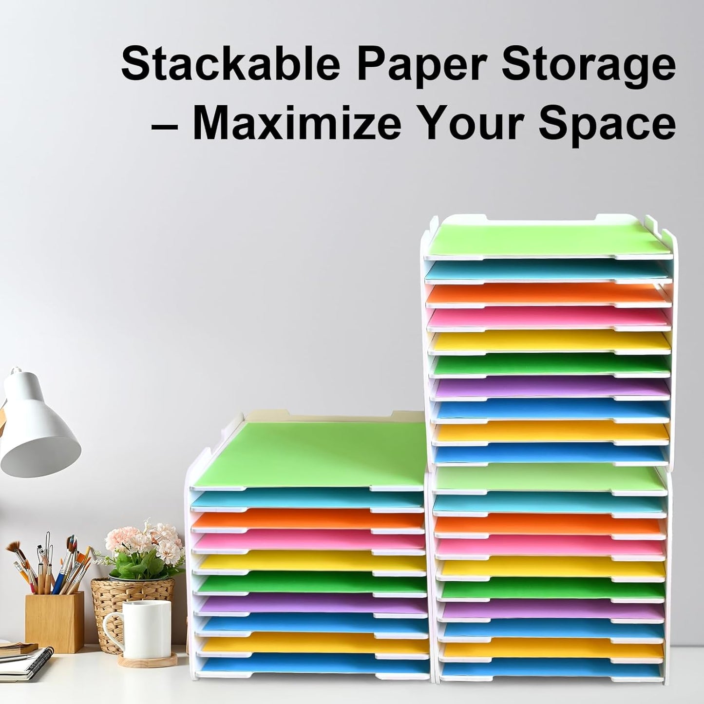 12x12 Paper Organizer, 10-Tier Scrapbook Paper Storage, Stackable Desktop File Holder for Home, Office, Classroom, and Craft Room