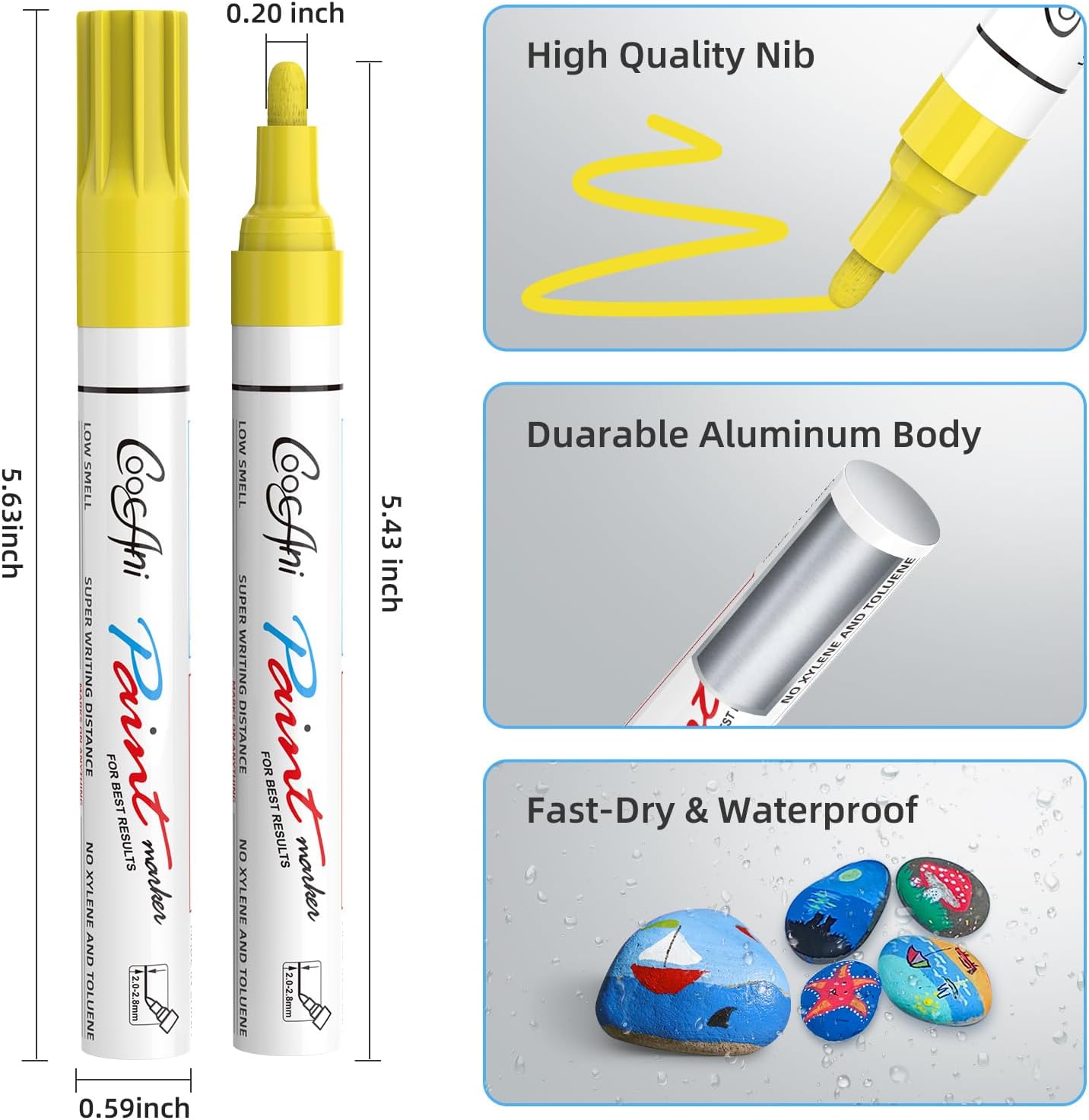 Permanent Paint Marker Pens, 2 Pack Yellow Oil Based Waterproof and Quick-Dry Paint Markers with 2-3mm Medium Point for Wood,Rock Painting, Ceramic, Glass, Fabric,Metal,Canvas (Yellow,2 Pack)