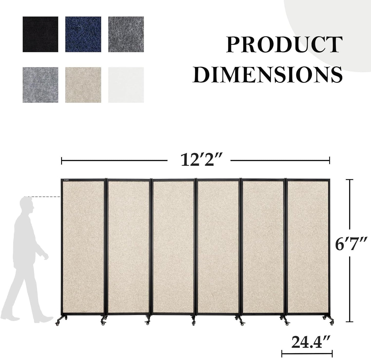 Upgrade Version Room Partition and Divider, Freestanding Rolling Dividers with Wheels,Office Privacy Screen Divider Wall,Classroom Felt Dividers,12'2"L* 6'7"H,6 Panel，Beige