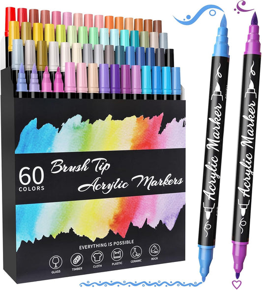 Acrylic Paint Pens Markers, 60 Colors Dual Tip Acrylic Paint Pens with Brush Tip and Fine Tip, Waterproof Markers for Rock Painting, Wood, Canvas, Stone, Glass, Ceramic,DIY Crafts Making Art Supplies