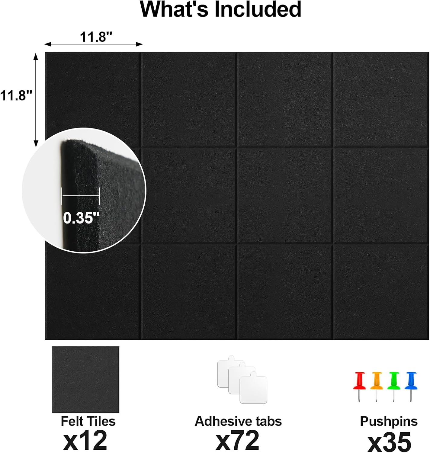 Large Cork Board for Walls 47" x 35" 12 Pack Black Bulletin Boards Felt Wall Tiles with Safe Removable Adhesive Corkboards for Office Home,Black