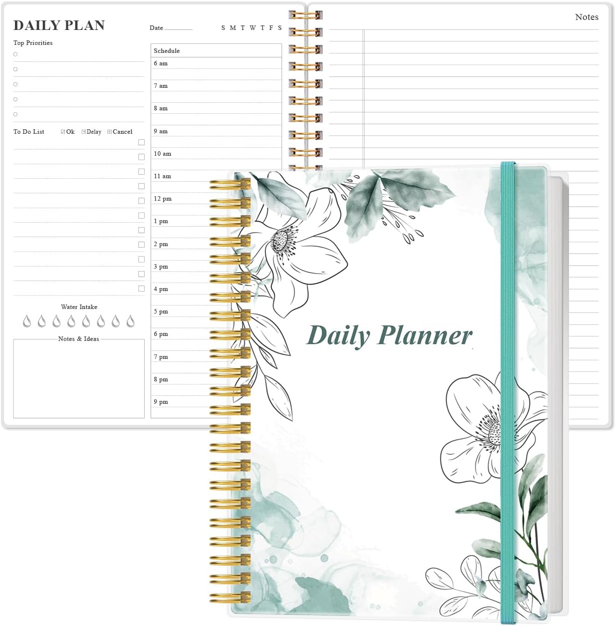 Daily Planner Undated - B5 To Do List Notebook Hourly Schedules, Spiral Appointment Planner for Women and Men, PVC Hardcover, Inner Pocket, Elastic Closure, 7" x 10", Teal Flowers