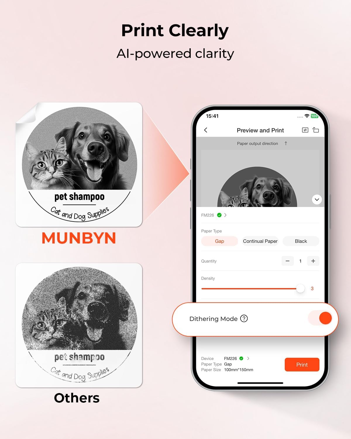 MUNBYN FM226 Label Maker Machine with Tape,203 DPI High Printing 8H Battery Life 2 Inch Bluetooth Portable Thermal Sticker Printer for Small Business, Address, Clothing with 1.97''x1.18'' Label(Pink)