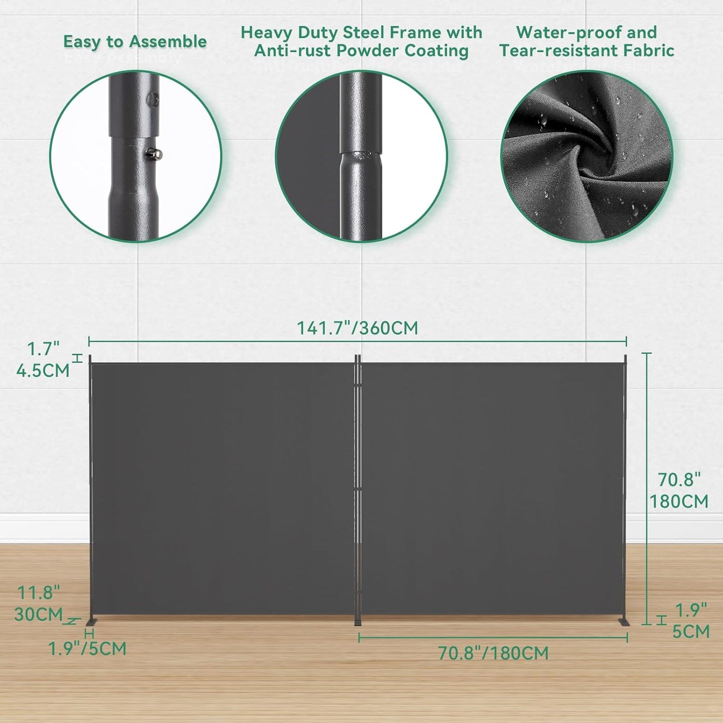Helios&Hestia 2-Panel 6 ft Tall Indoor Folding Room Divider, Portable Privacy Screen, Freestanding Partition Separator, Temporary Wall Separation for Bedroom, Office, 142" W X 71" H, Dark Grey