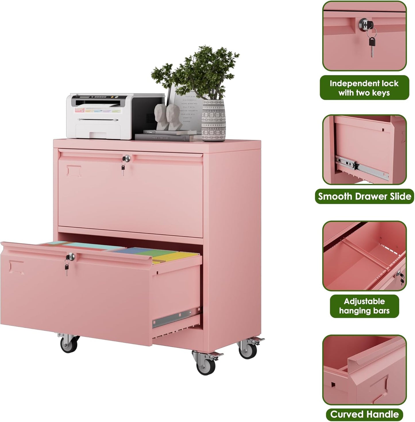 Aobabo 2 Drawer Wide File Cabinet with Wheels, Lockable Metal Filing Cabinet for Home Office, Legal/Letter Size,Pink,Required Assembled,15.87" D x 28.94" W x 34" H