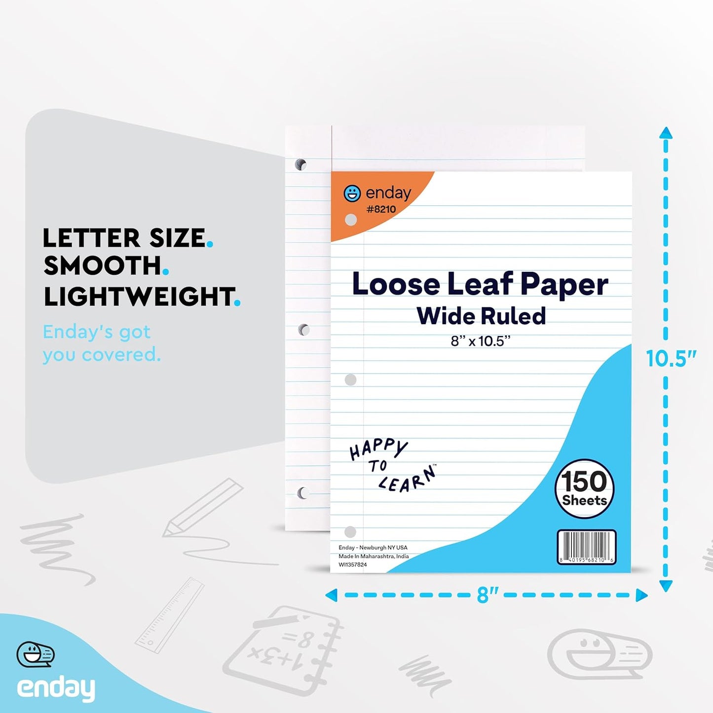 Loose Leaf Paper Wide Ruled Notebook Paper, 8" x 10.5" Filler Paper White, 3 Hole Punched Binder Paper for 3 Ring Binders, Lined Paper 150 Sheets Per Pack (4 Pack) - By Enday
