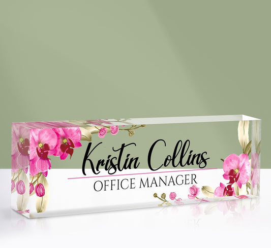Custom Name Plate for Desk, Acrylic Office Decor For Women Men, Personalized Office Desk Accessories, Teacher Employee Appreciation Gifts For Social Worker Boss Coworkers (Flowers-2)