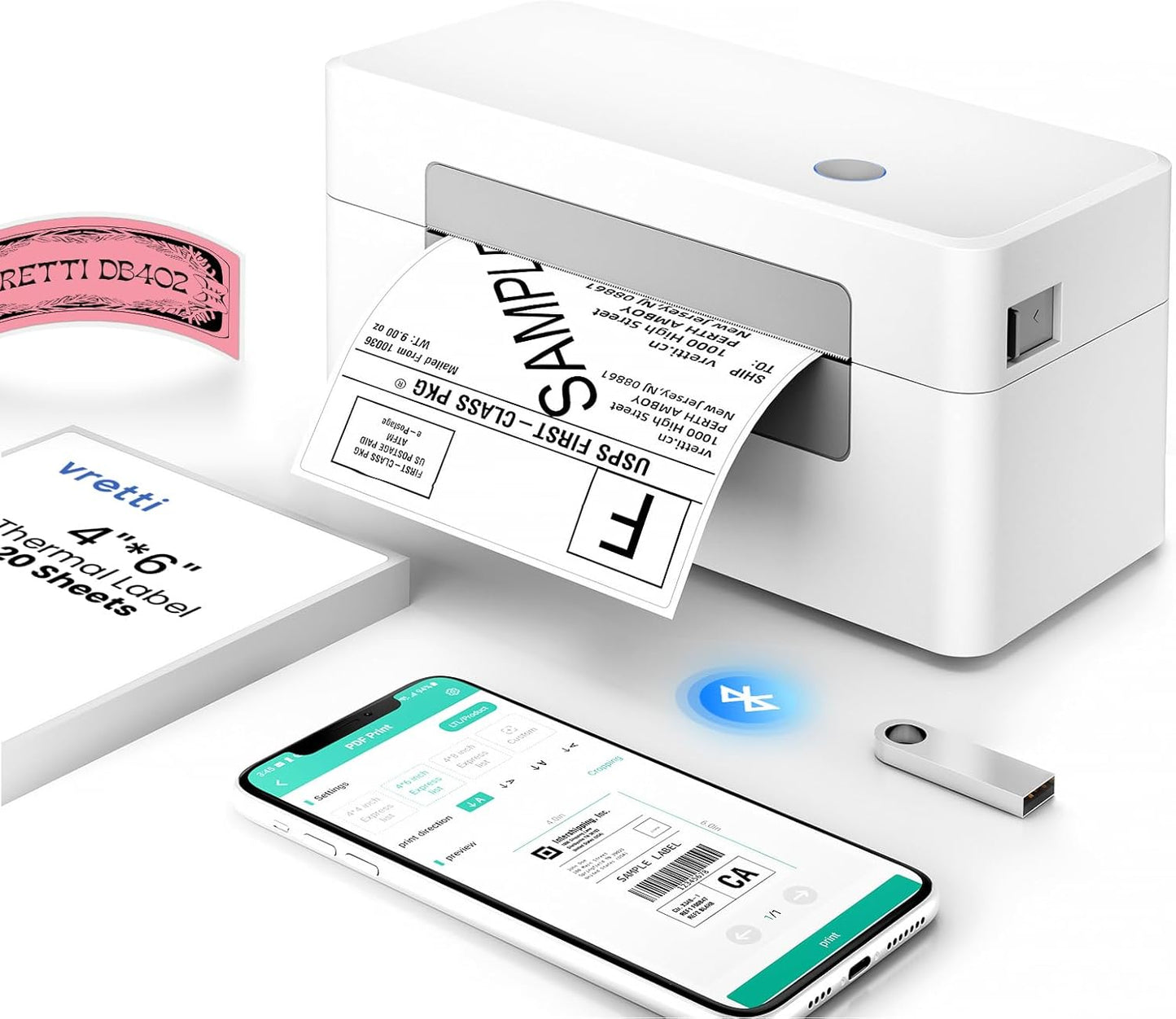 vretti Bluetooth Shipping Label Printer - 4x6 Thermal Printer for Shipping Packages and Small Businesses, Label Printer Supports Android/iPhone/Windows, Compatible with Shopify, Ebay, USPS, Amazon
