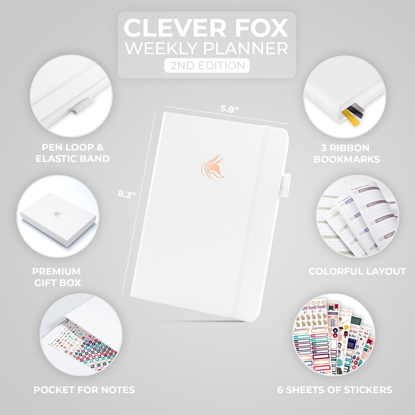 Clever Fox Planner 2nd Edition – Colorful Weekly & Monthly Goal Planner, Time Management & Productivity Organizer, Undated, A5 (White)
