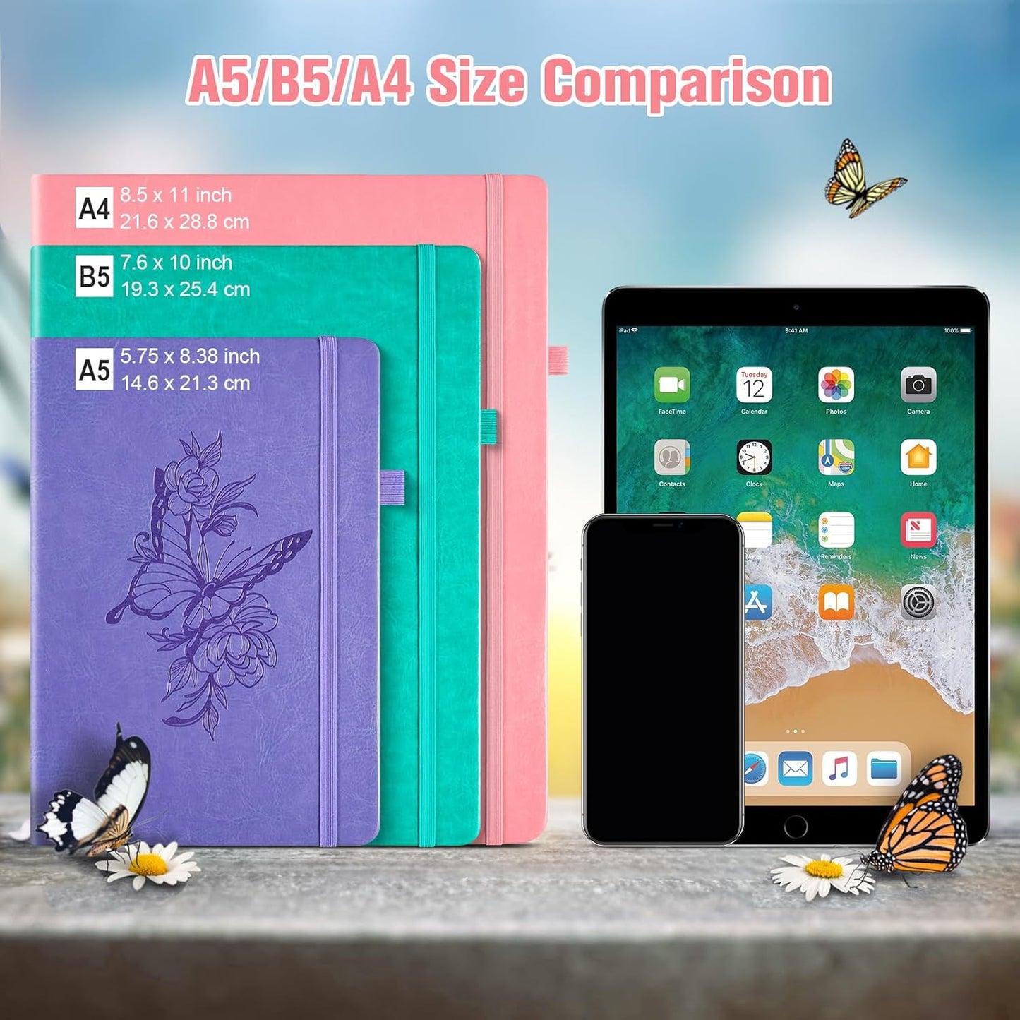 Lined Notebook Journal for Women, 312 Numbered Pages A5 Thick Leather Journal, 100gsm Paper Daily Journal for Work Travel, Hardcover College Ruled Notebook, Giftable Butterfly Floral Notebook, Pink