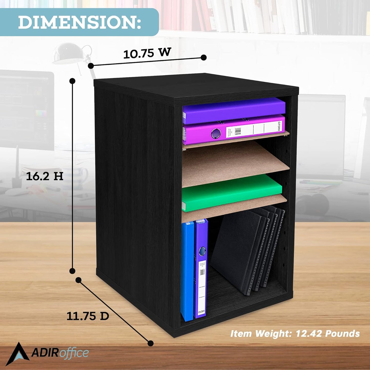 AdirOffice Classroom Mailbox - 11 Compartment Wooden Mail Organizer, Construction Paper Storage, Vertical Desktop Sorter with Slots, Mailboxes With Removable Shelves (11 Slot, Black)