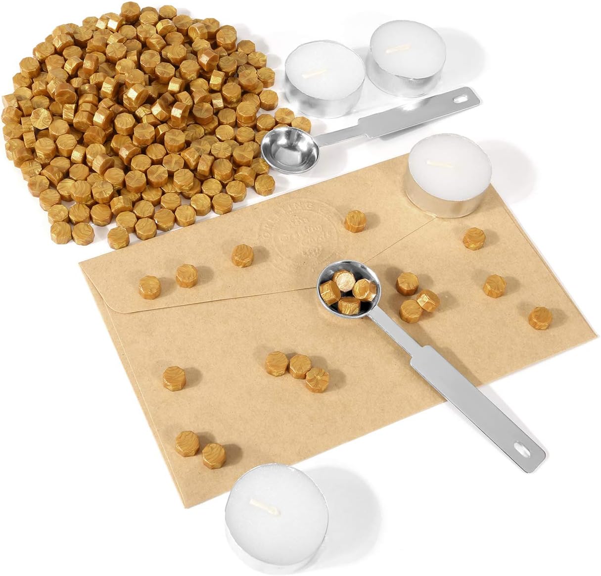 Yoption 300 Piece Octagon Seal Wax Beads with 4 Candles and 2 Melting Spoons for Wax Seal Stamp (Gold)