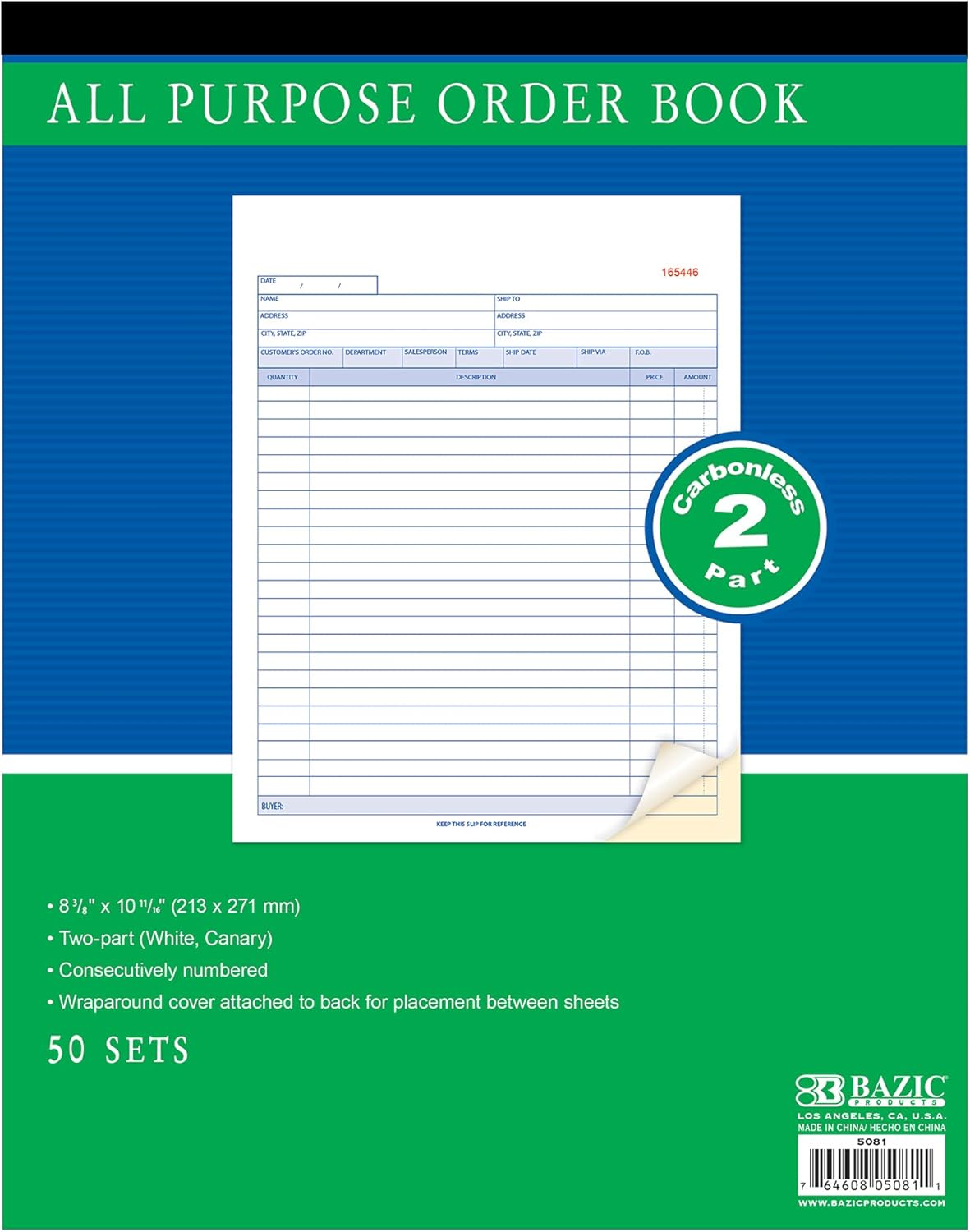 BAZIC All Purpose Order Book, 50 Sets 8 3/8" x 10 11/16" 2-Part Carbonless, White & Bound Wraparound Cover (50 Sets/Pk), 12-Packs