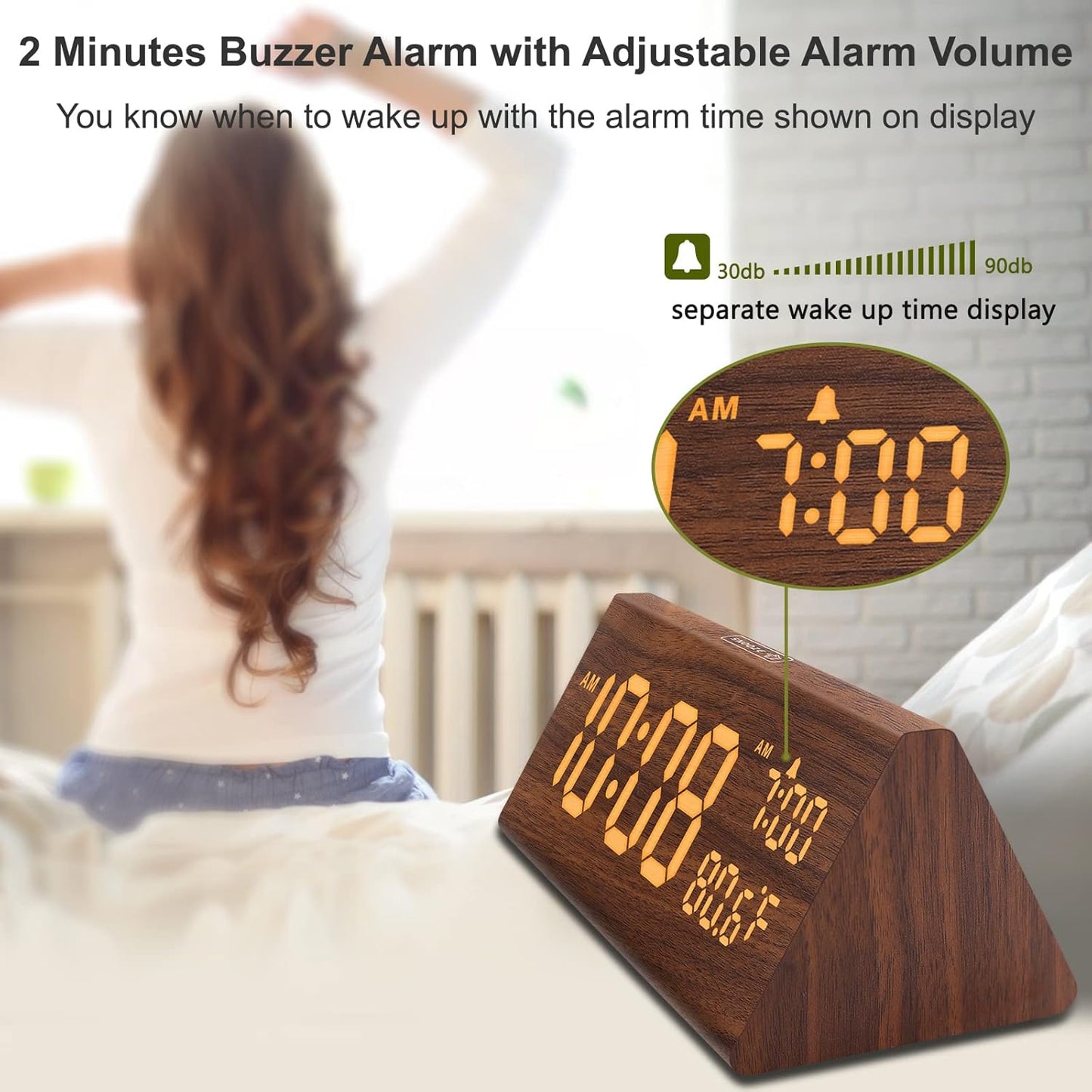 DreamSky Wooden Digital Alarm Clock for Bedroom - 7.7" Electric Clocks with USB Port, Large Numbers, Temperature, 0-100% Brightness Dimmer, Adjustable Alarm Volume, Snooze, 12/24H