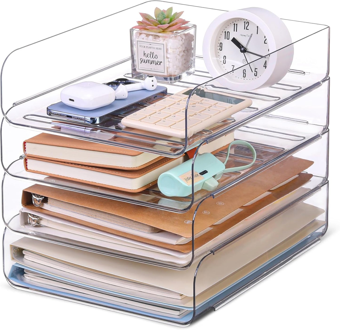 4 Pack Stackable Paper Letter Tray, Clear File Organizer for Desk, Office Organizer and Storage for Desk Accessories, Notes, Books, File Paper, Document